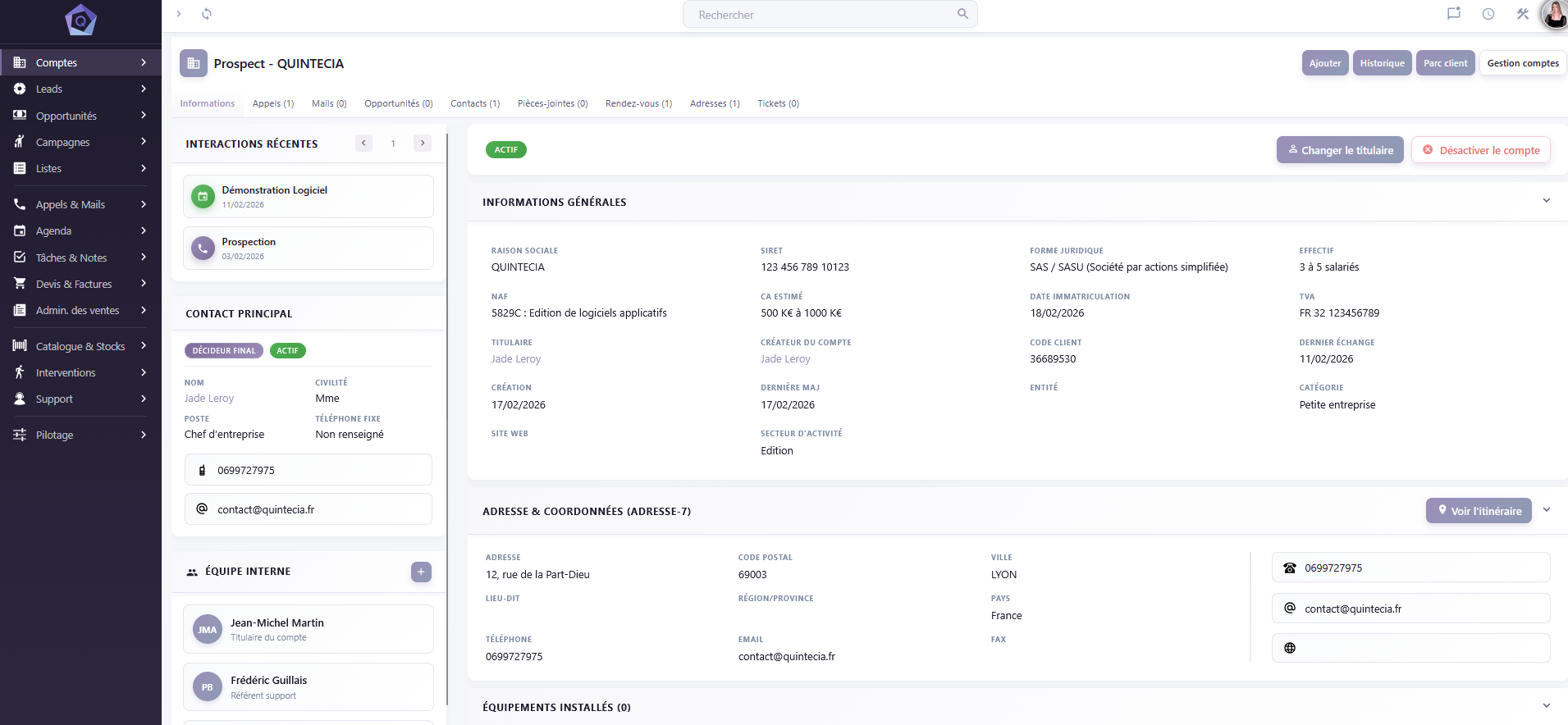 Aperçu fiche client Quintecia